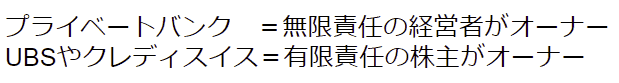 プライベートバンク＝無限責任の経営者がオーナー、UBSやクレディスイス＝有限責任の株主がオーナー